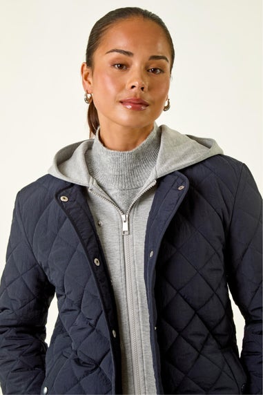 Roman Navy Petite Contrast Hooded Puffer Coat