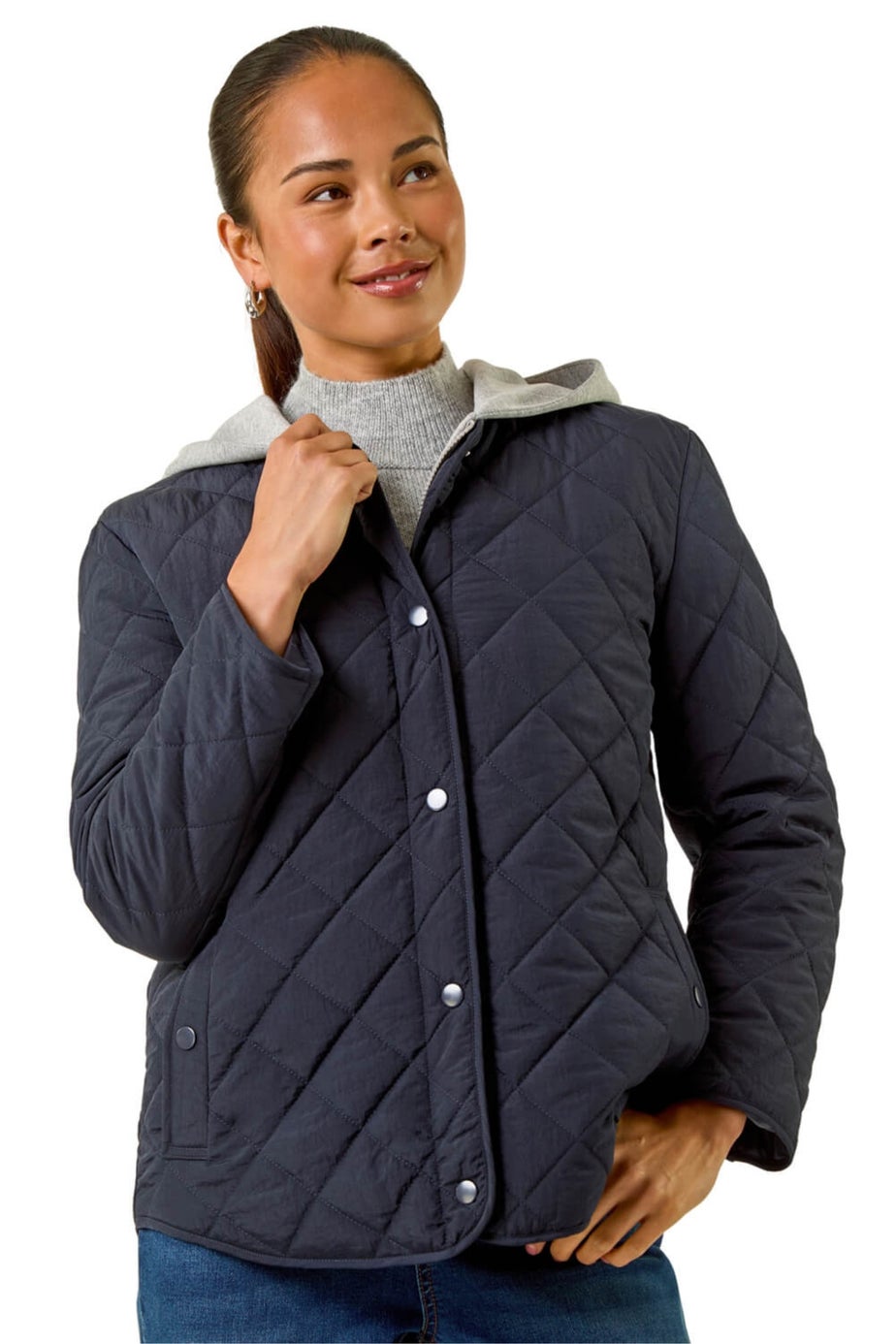 Roman Navy Petite Contrast Hooded Puffer Coat