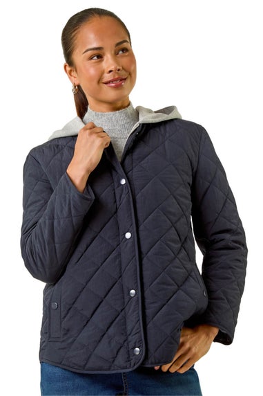 Roman Navy Petite Contrast Hooded Puffer Coat
