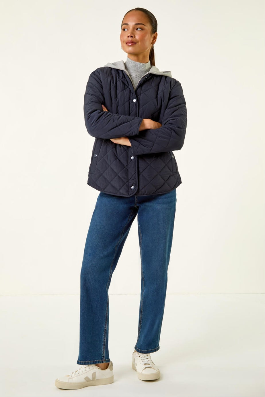 Roman Navy Petite Contrast Hooded Puffer Coat