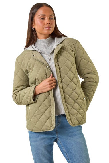 Roman Khaki Petite Contrast Hooded Puffer Coat