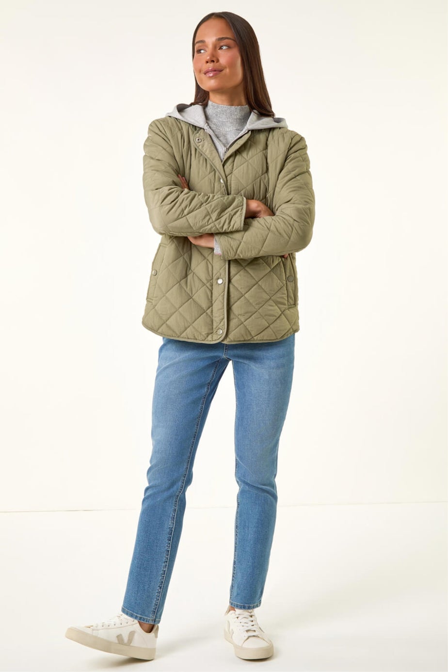 Roman Khaki Petite Contrast Hooded Puffer Coat