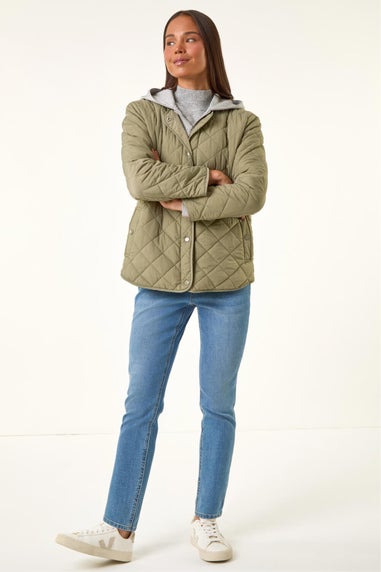 Roman Khaki Petite Contrast Hooded Puffer Coat