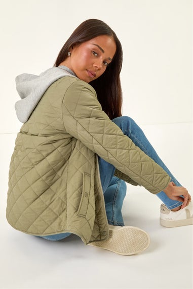 Roman Khaki Petite Contrast Hooded Puffer Coat