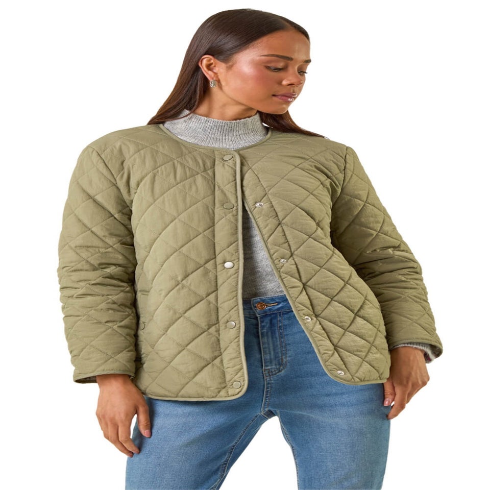 Roman Khaki Petite Contrast Hooded Puffer Coat