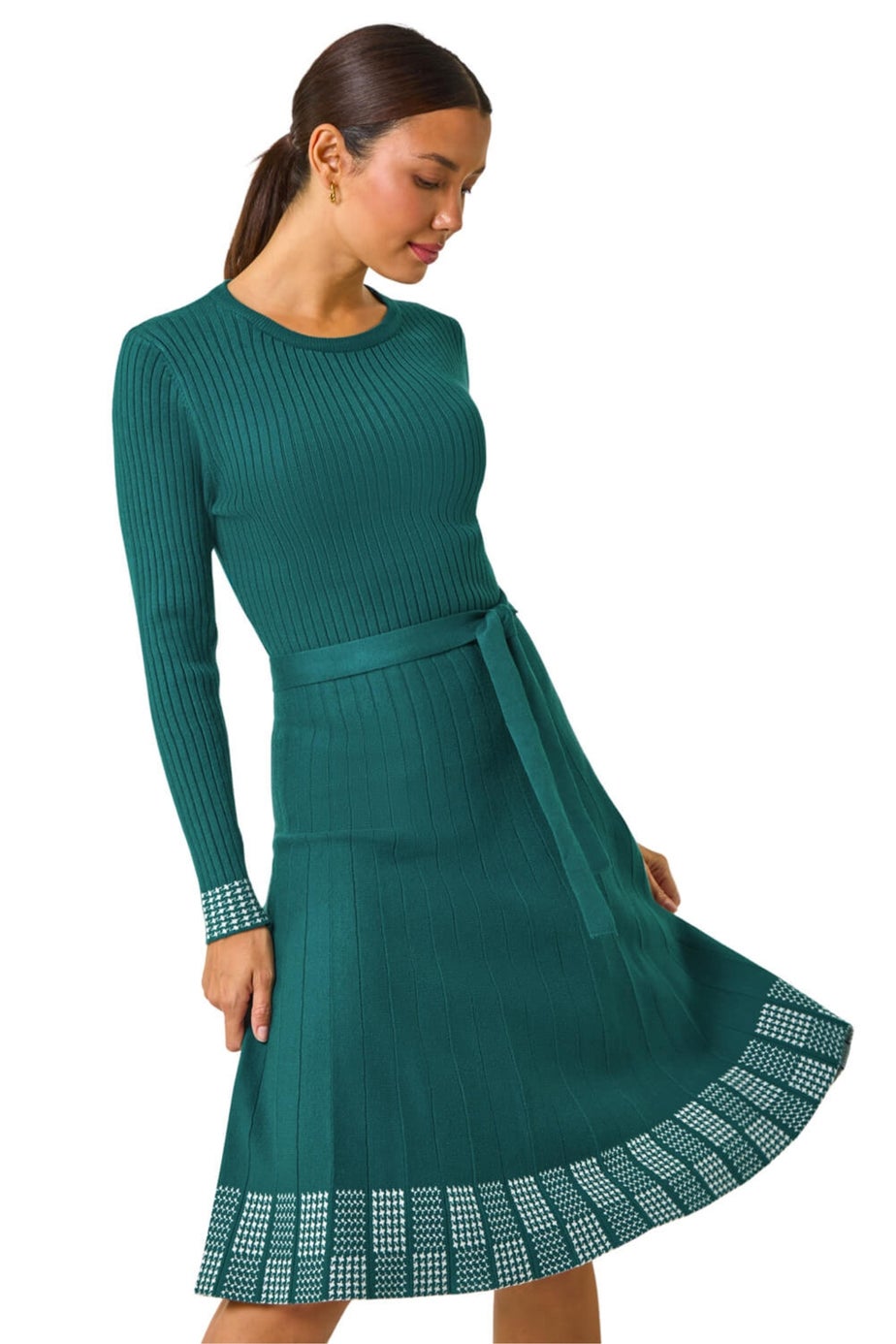 Roman Teal Ribbed Stretch Knit Border Print Dress