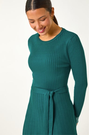 Roman Teal Ribbed Stretch Knit Border Print Dress