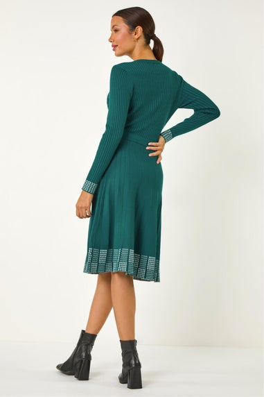 Roman Teal Ribbed Stretch Knit Border Print Dress