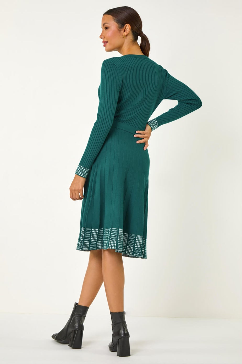 Roman Teal Ribbed Stretch Knit Border Print Dress