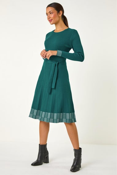 Roman Teal Ribbed Stretch Knit Border Print Dress