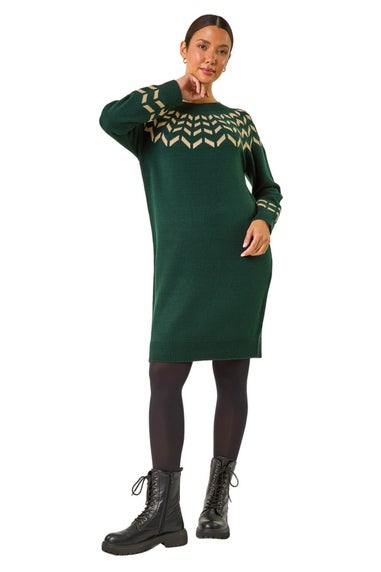 Roman Forest Green Chevron Print Knit Dress