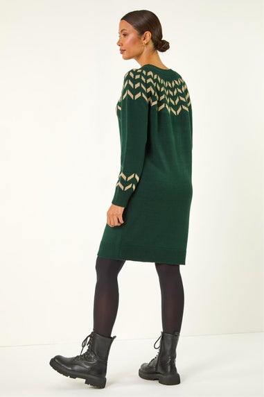 Roman Forest Green Chevron Print Knit Dress