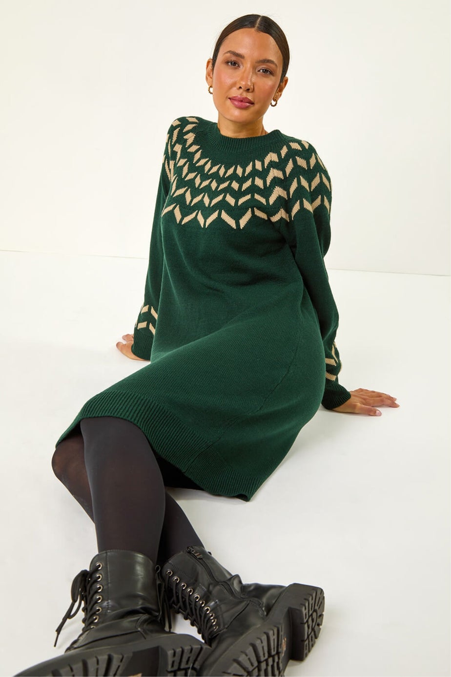 Roman Forest Green Chevron Print Knit Dress