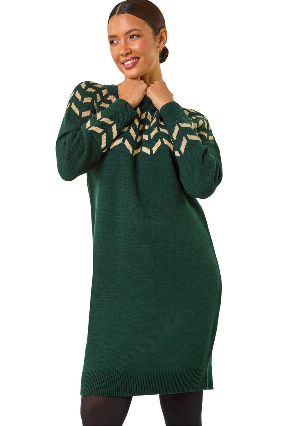 Roman Forest Green Chevron Print Knit Dress