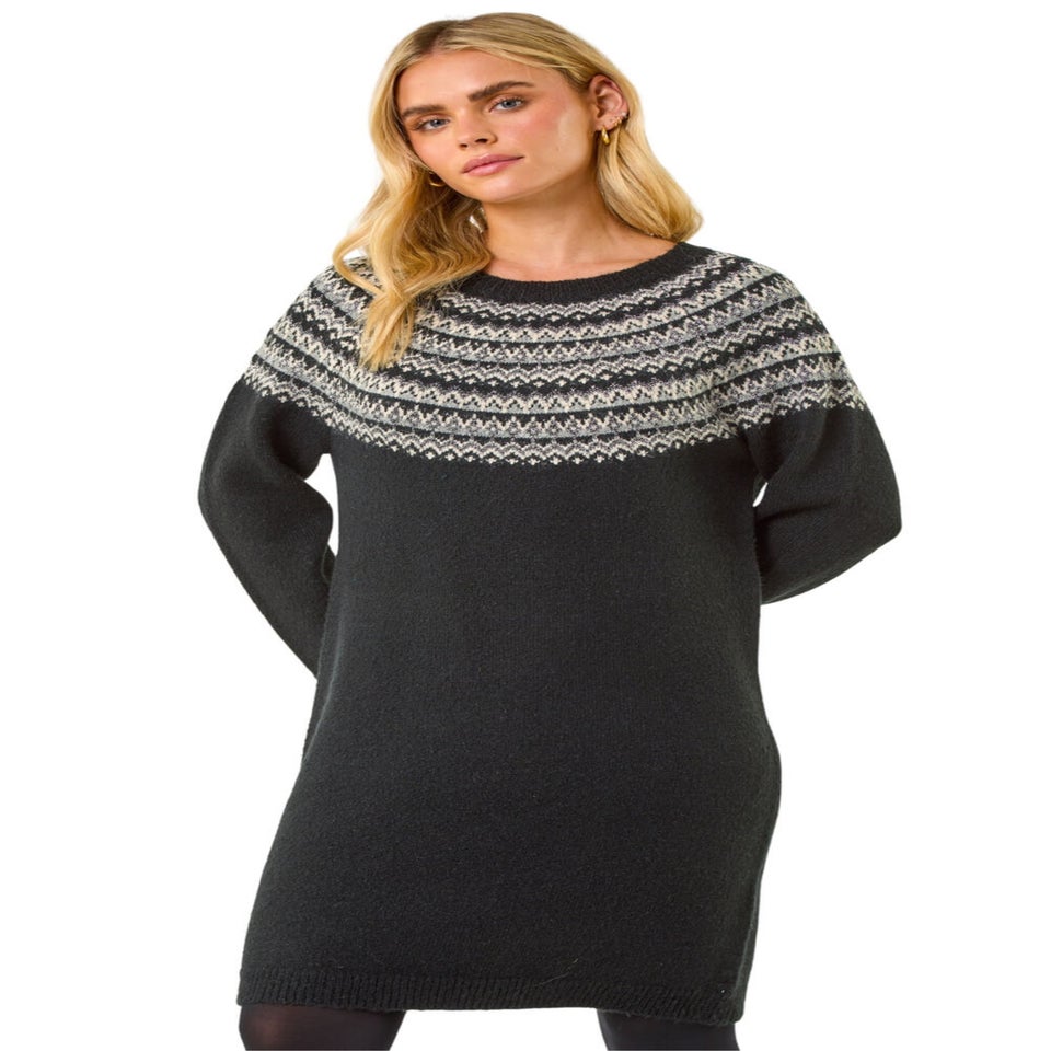Roman Black Petite Fairisle Knit Jumper Dress