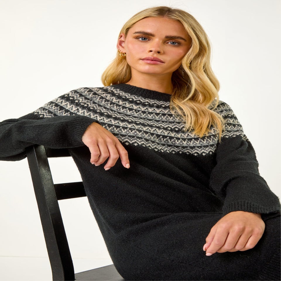 Roman Black Petite Fairisle Knit Jumper Dress