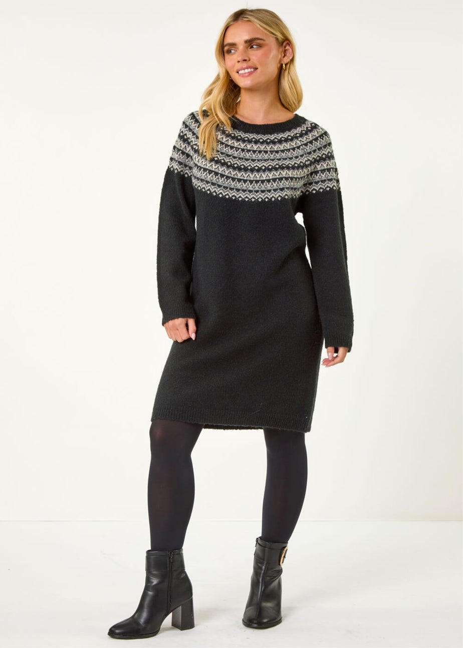 Roman Black Petite Fairisle Knit Jumper Dress