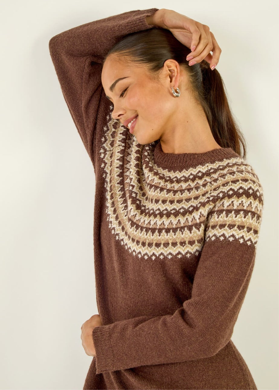 Roman Chocolate Petite Fairisle Knit Jumper Dress