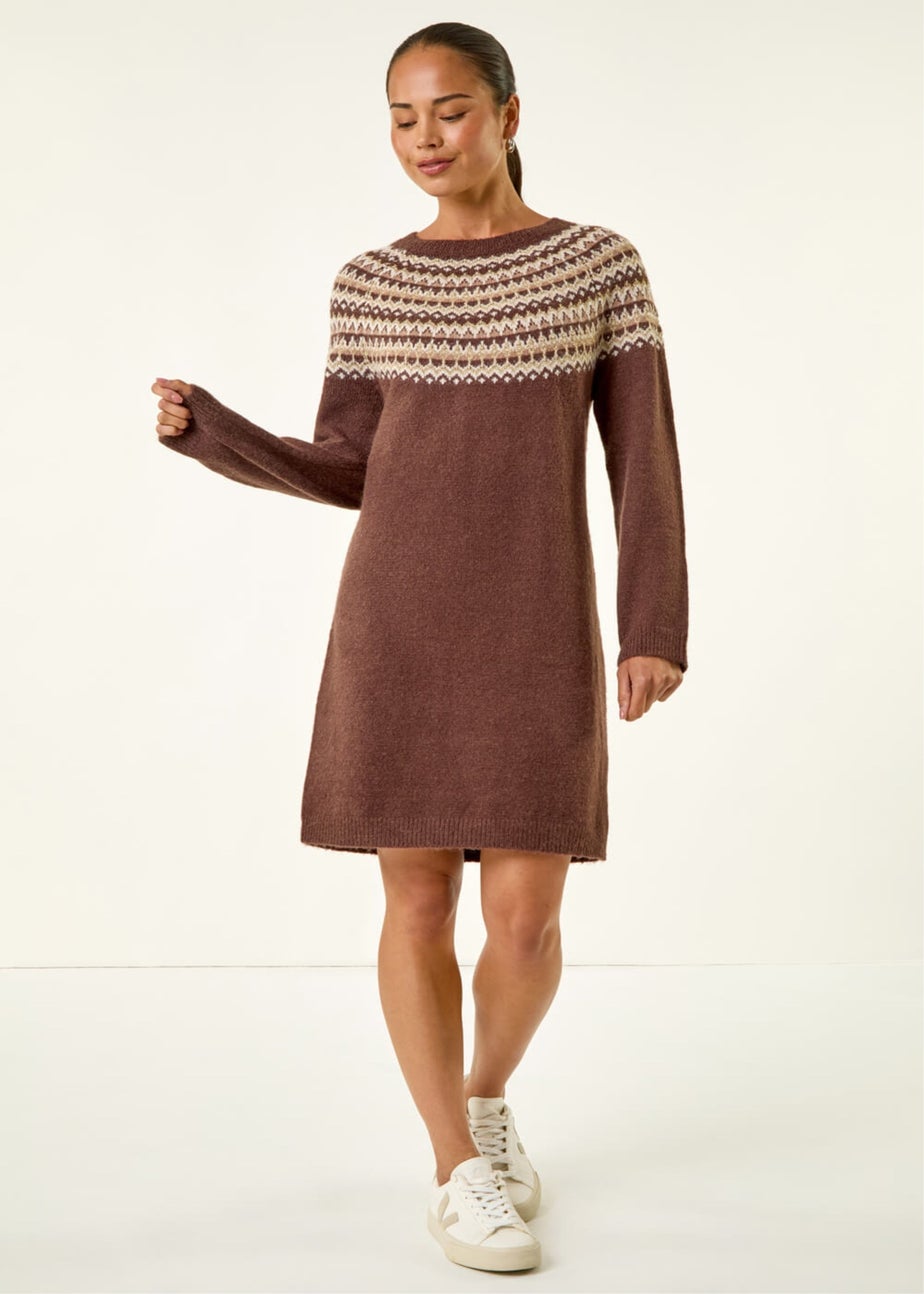 Roman Chocolate Petite Fairisle Knit Jumper Dress