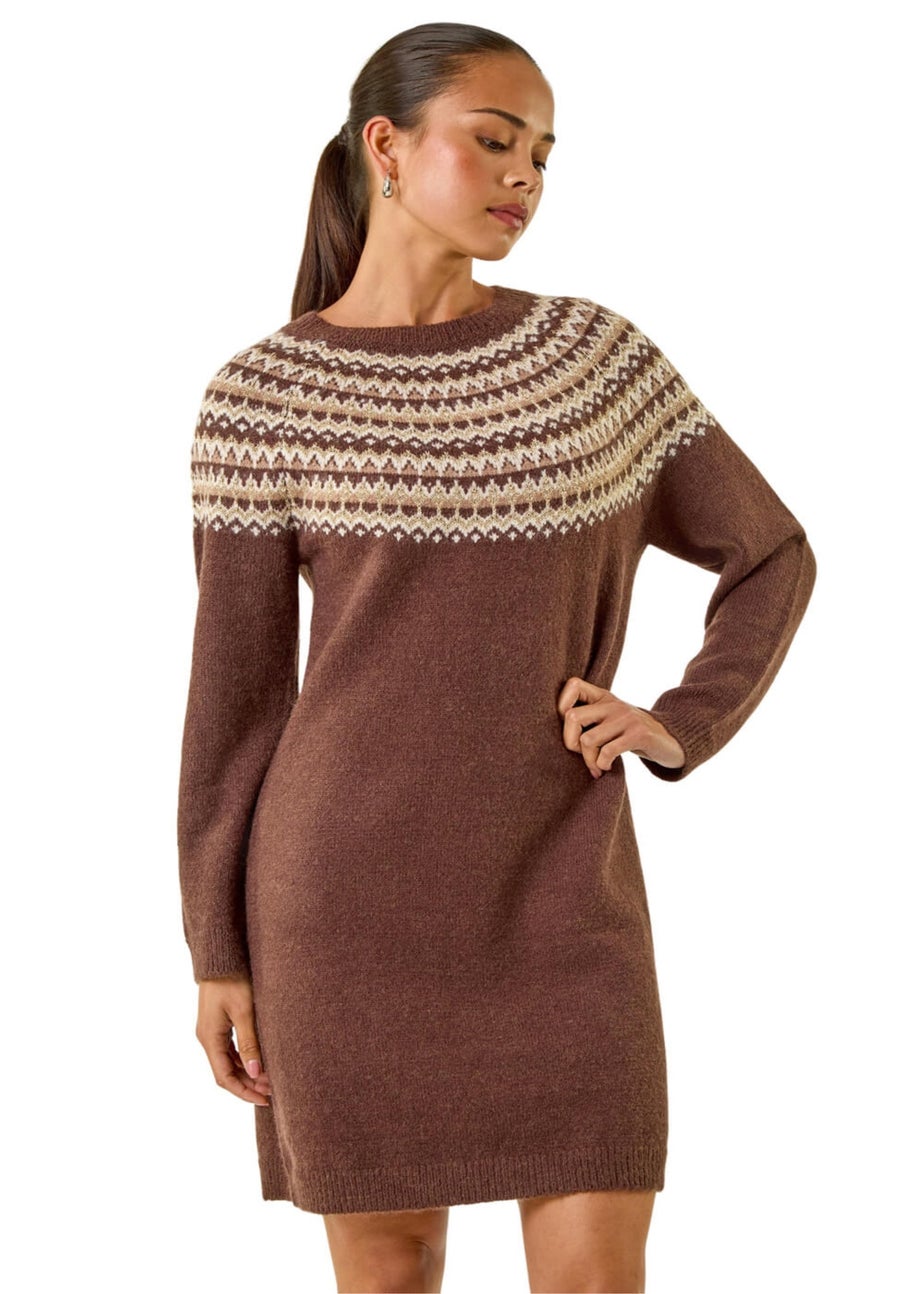 Roman Chocolate Petite Fairisle Knit Jumper Dress