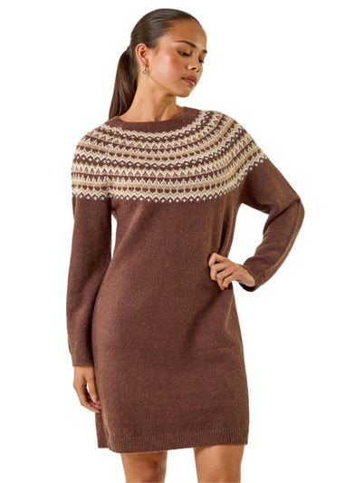 Roman Chocolate Petite Fairisle Knit Jumper Dress