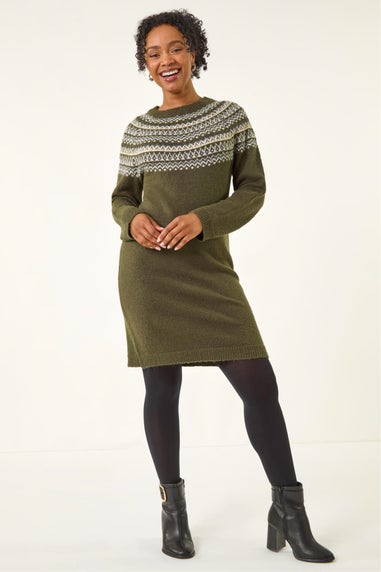 Roman Khaki Petite Fairisle Knit Jumper Dress