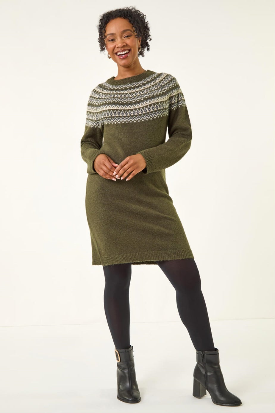 Roman Khaki Petite Fairisle Knit Jumper Dress