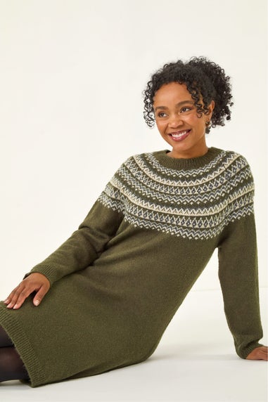 Roman Khaki Petite Fairisle Knit Jumper Dress