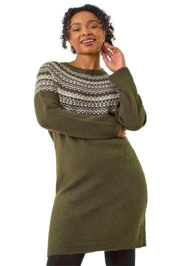 Roman Khaki Petite Fairisle Knit Jumper Dress