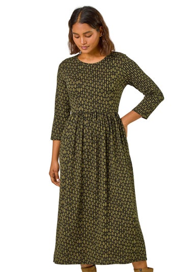 Roman Khaki Geometric Pocket Stretch Midi Dress