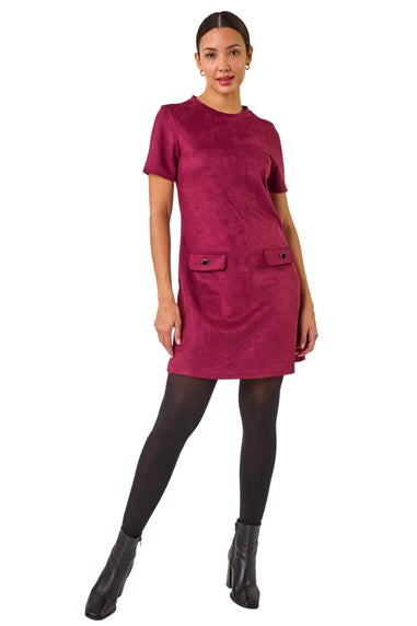 Roman Wine Suedette Button Shift Stretch Dress
