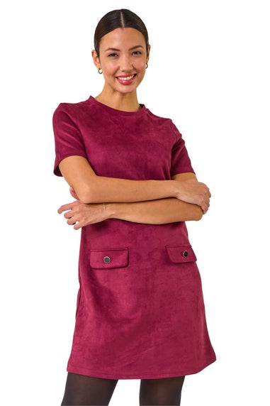 Roman Wine Suedette Button Shift Stretch Dress