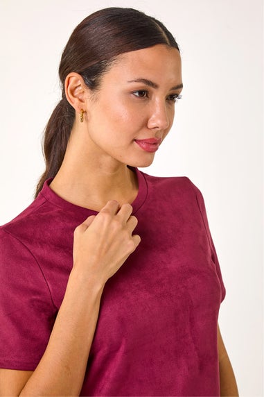 Roman Wine Suedette Button Shift Stretch Dress