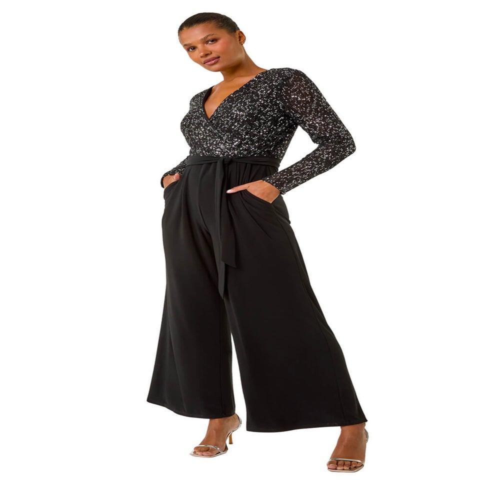 Roman Black Sequin Wrap V-Neck Stretch Jumpsuit