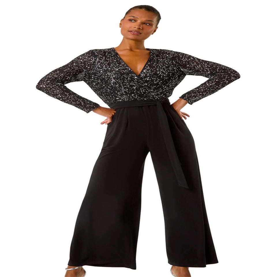 Roman Black Sequin Wrap V-Neck Stretch Jumpsuit