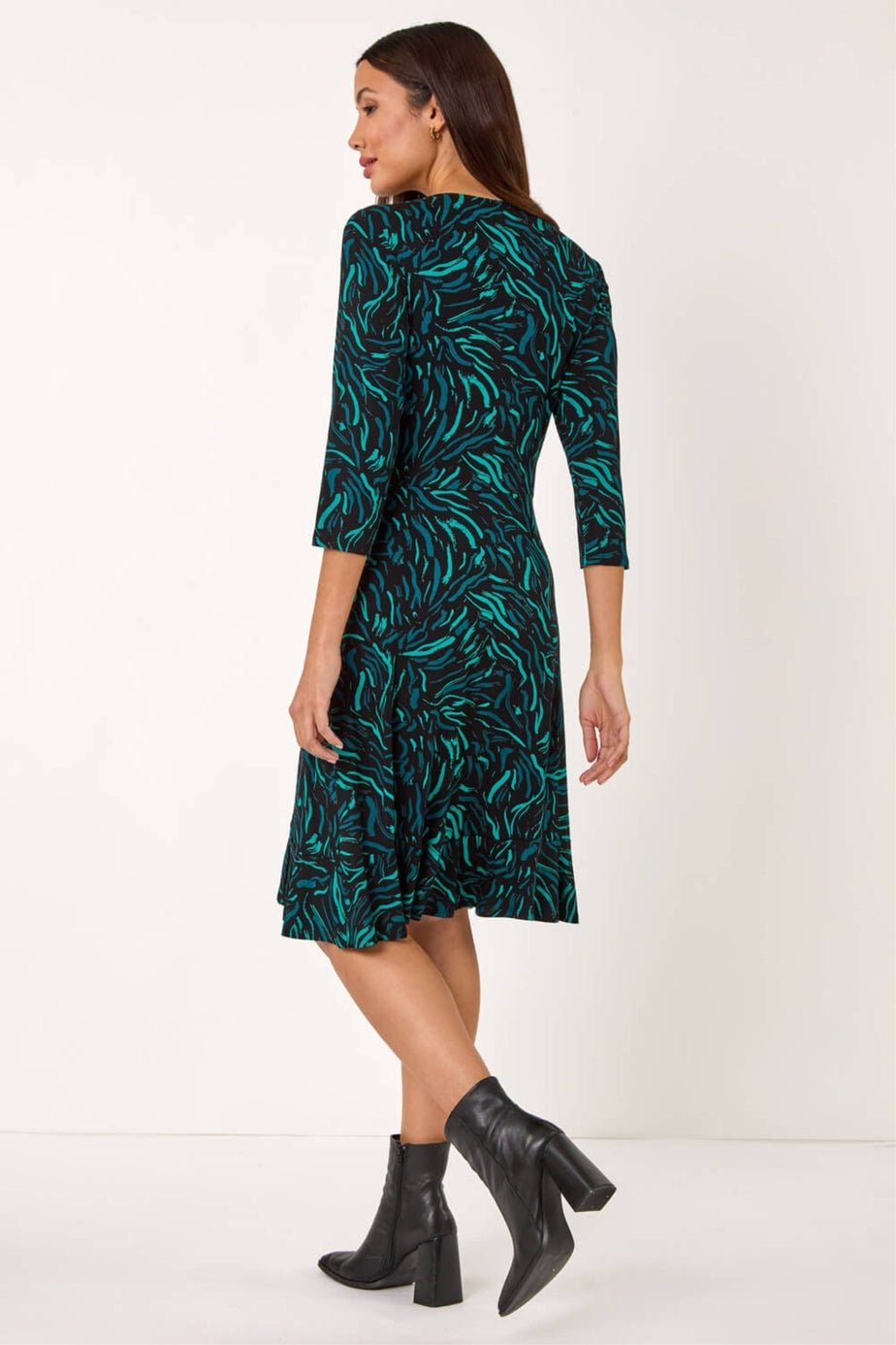 Roman Teal Wave Print Side Button Stretch Dress