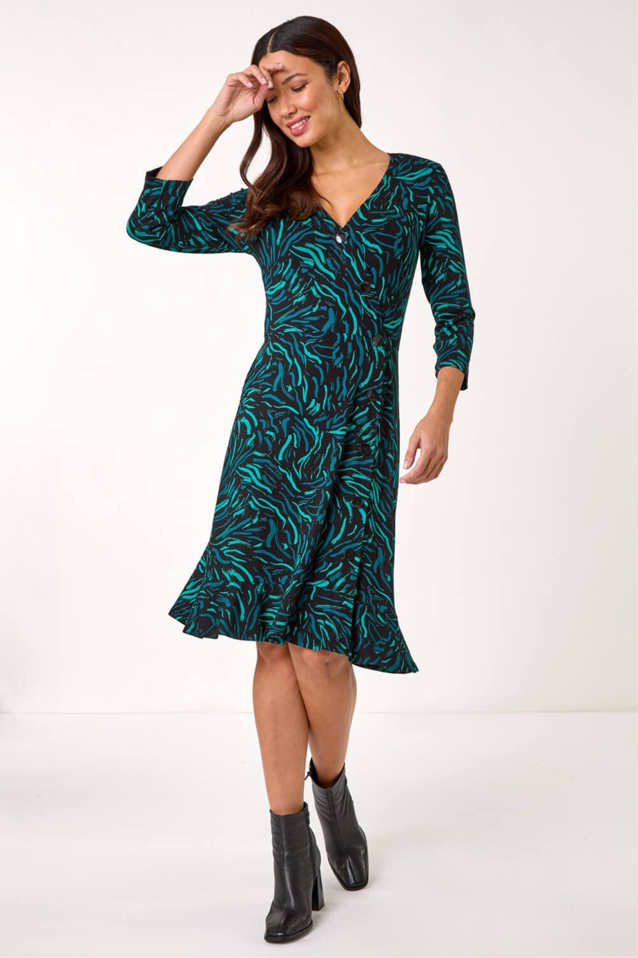Roman Teal Wave Print Side Button Stretch Dress