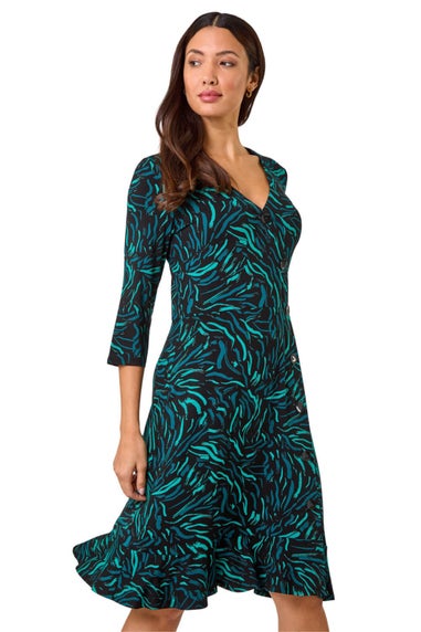Roman Teal Wave Print Side Button Stretch Dress