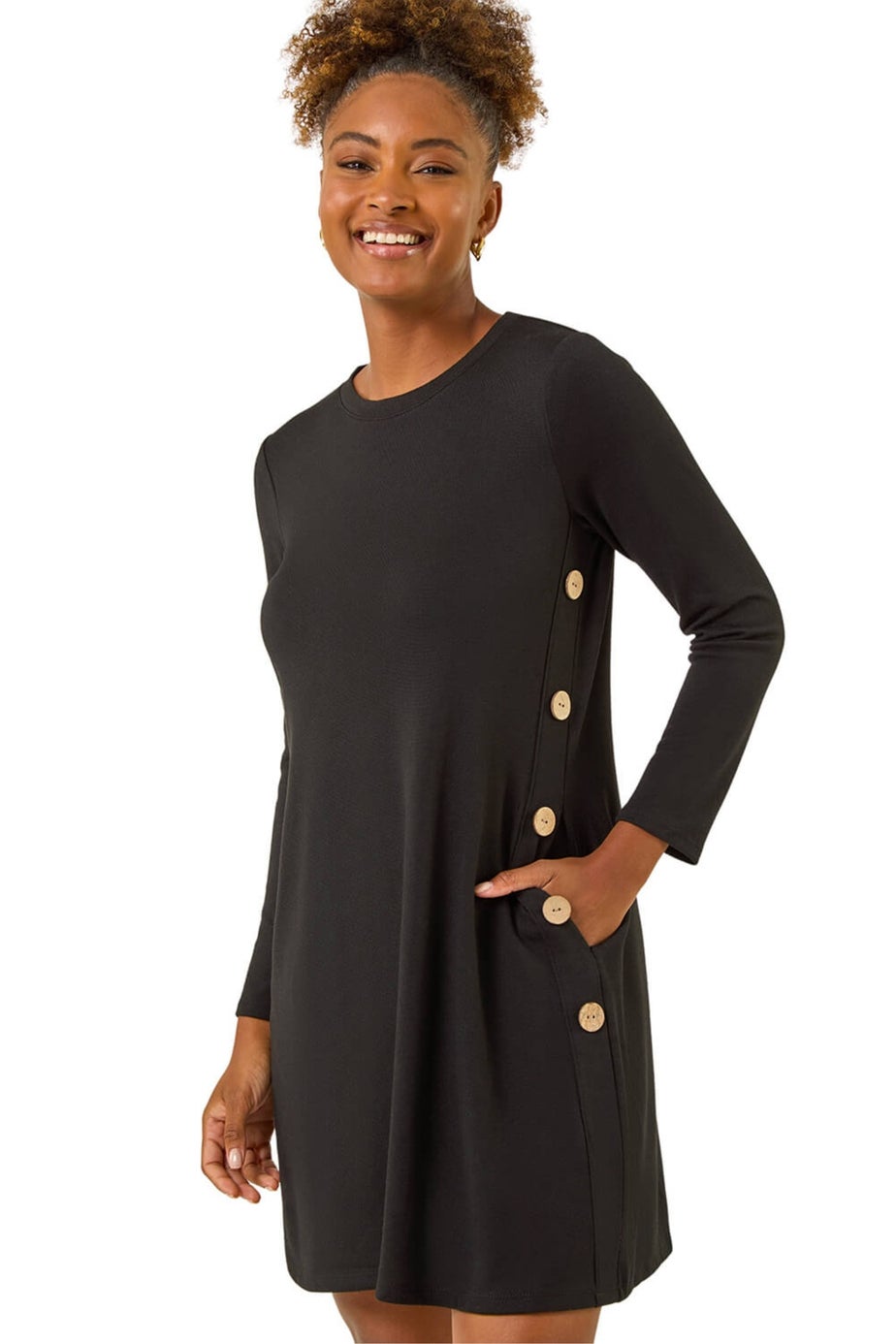 Roman Black Side Button Detail Stretch Swing Dress