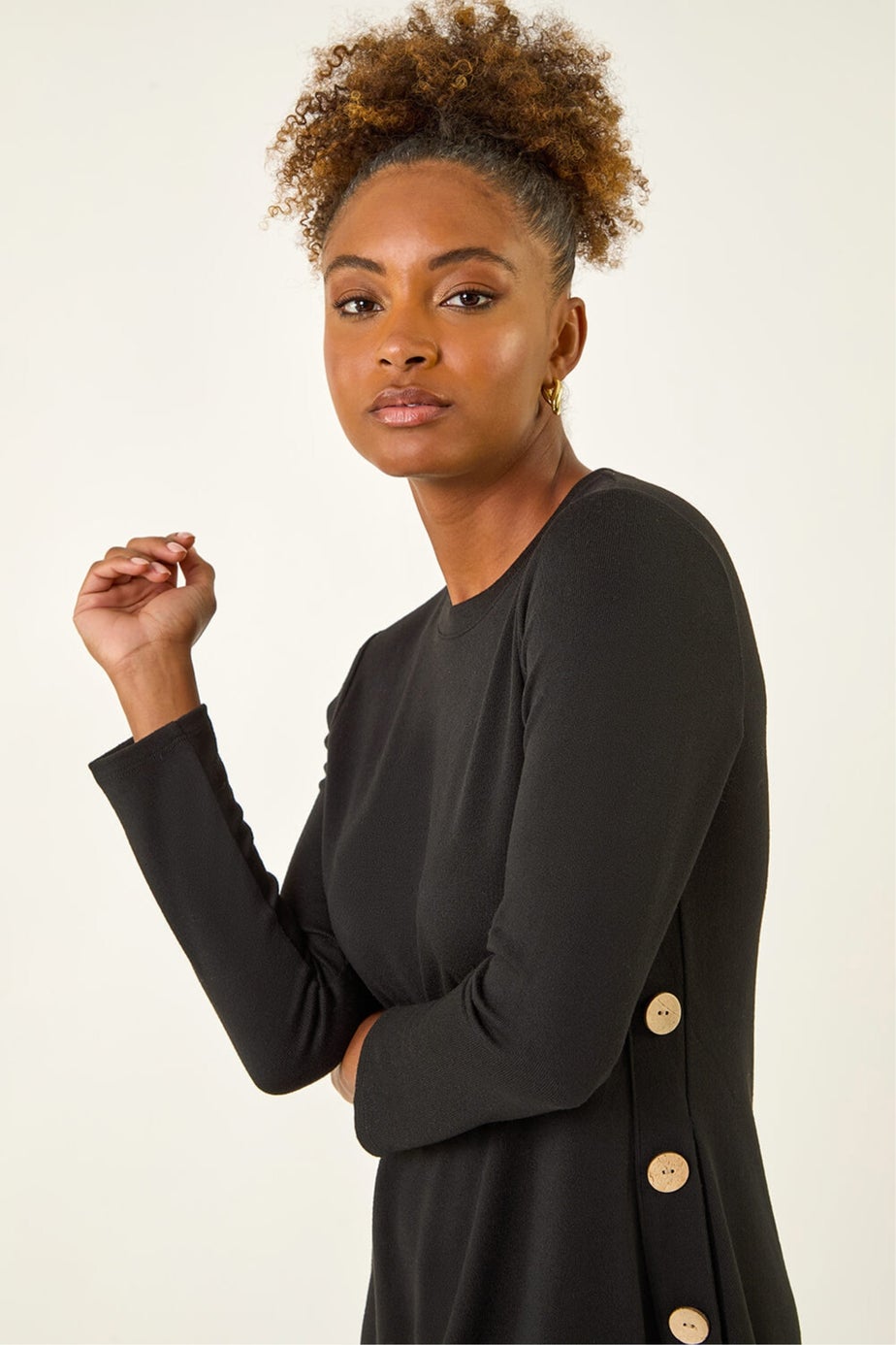 Roman Black Side Button Detail Stretch Swing Dress