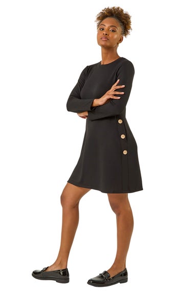 Roman Black Side Button Detail Stretch Swing Dress