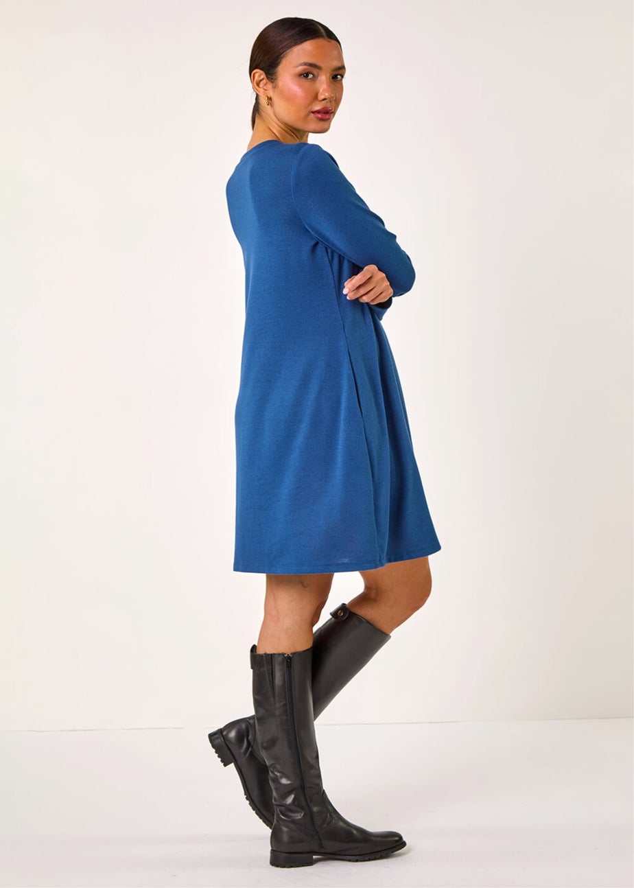 Roman Blue Side Button Detail Stretch Swing Dress