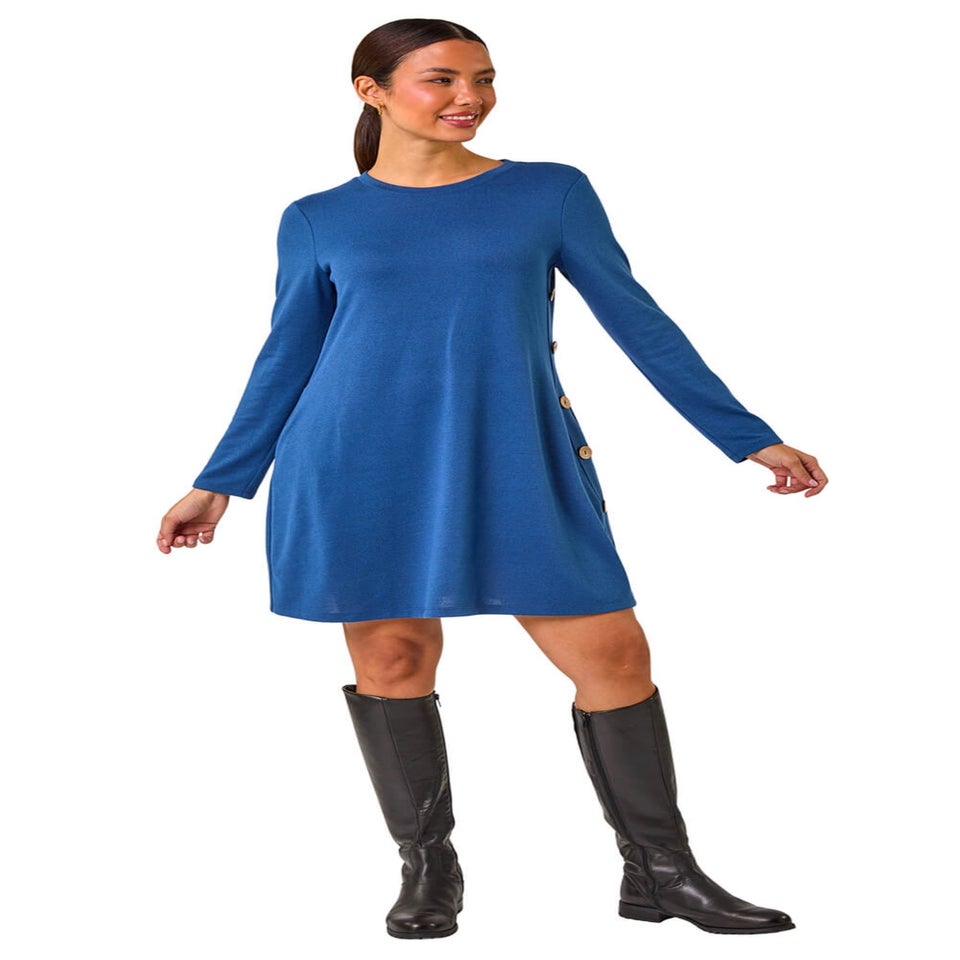 Roman Blue Side Button Detail Stretch Swing Dress
