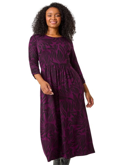 Roman Magenta Petite Swirl Print Stretch Midi Dress