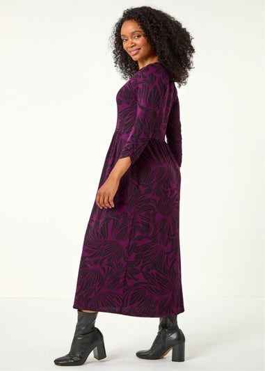 Roman Magenta Petite Swirl Print Stretch Midi Dress