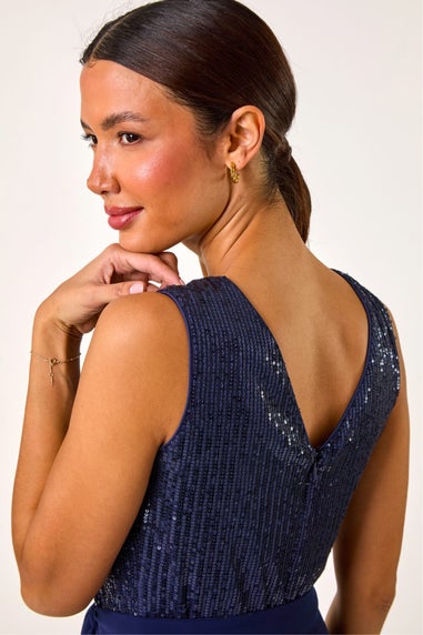 Roman Navy Sequin Bodice Belted Chiffon Dress