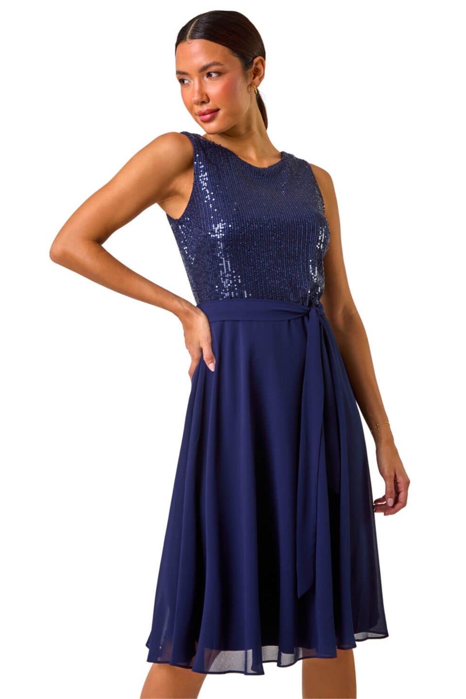 Roman Navy Sequin Bodice Belted Chiffon Dress