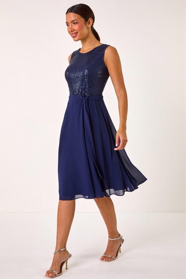 Roman Navy Sequin Bodice Belted Chiffon Dress