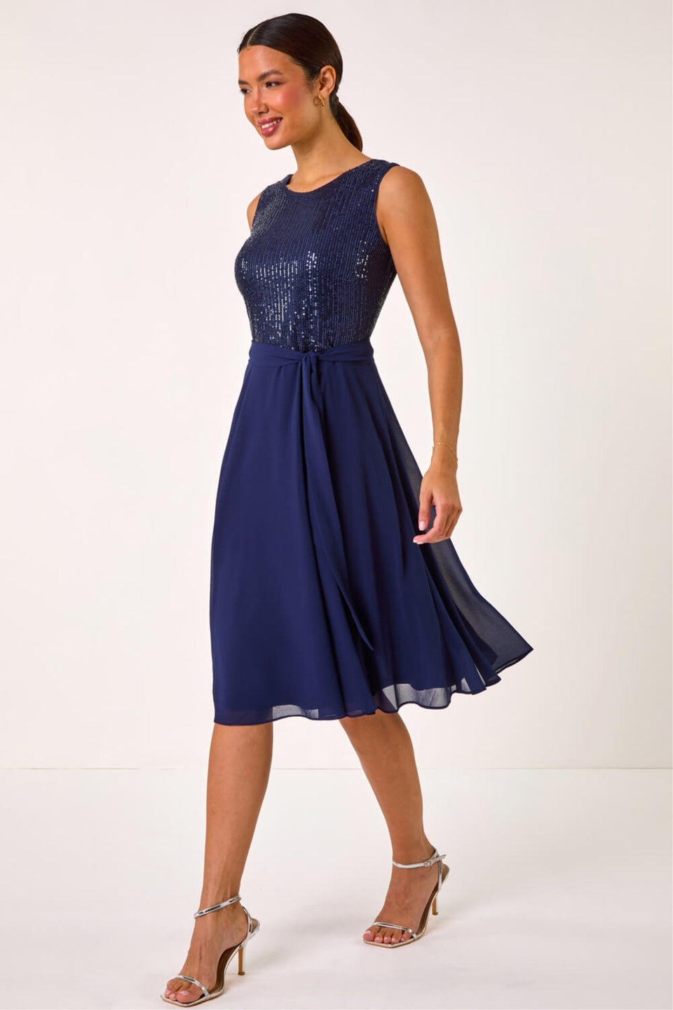 Roman Navy Sequin Bodice Belted Chiffon Dress