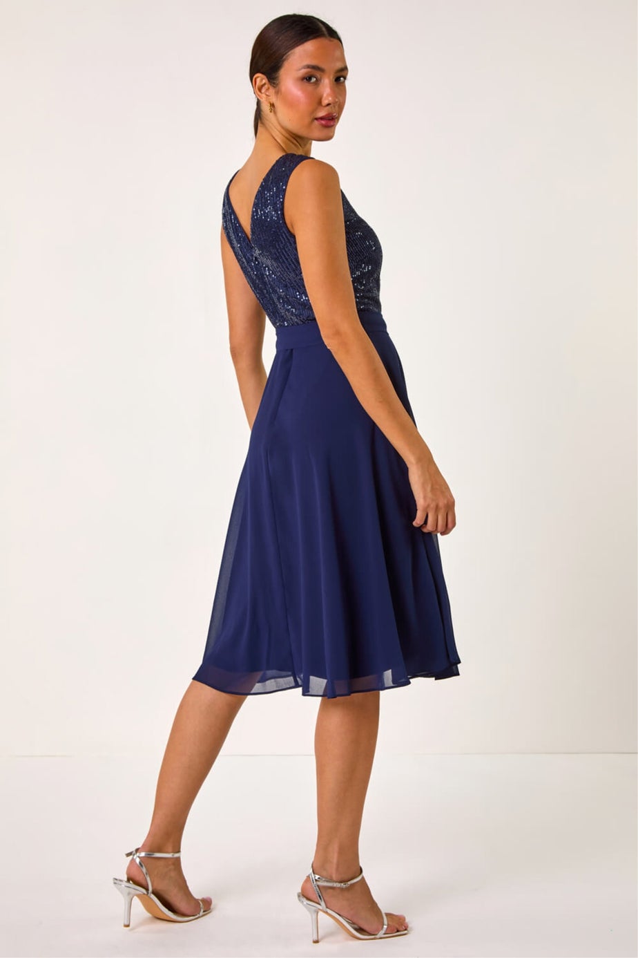 Roman Navy Sequin Bodice Belted Chiffon Dress